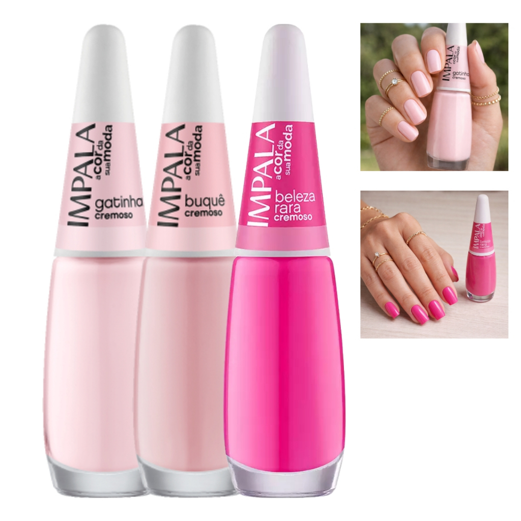 Kit 3 Esmaltes Impala Tons Rosa Claro Rosinha Cremoso Francesinha Gatinha Beleza Rara Buquê