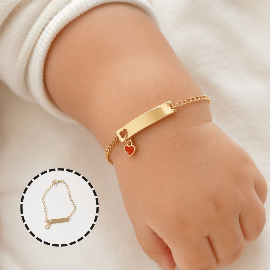 Pulseira de Plaquinha Infantil Folheada a Ouro 18k 15cm Pingente de Coração Branco ou Vermelho