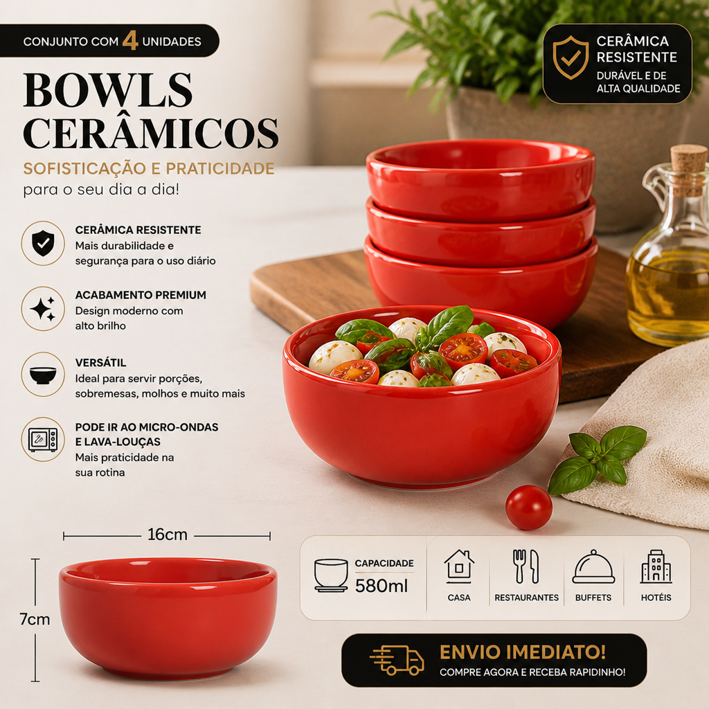 Kit 4 Peças Tigela Cambuca Sopeira Bowl 650ml Grande Colorido Sopas e Caldos Cerâmica Servir Mesa