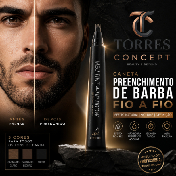 Caneta Preenchimento de Barba Fio a Fio Febella Meu Tint 4 Tip Corretor de Falhas Volume e Definição