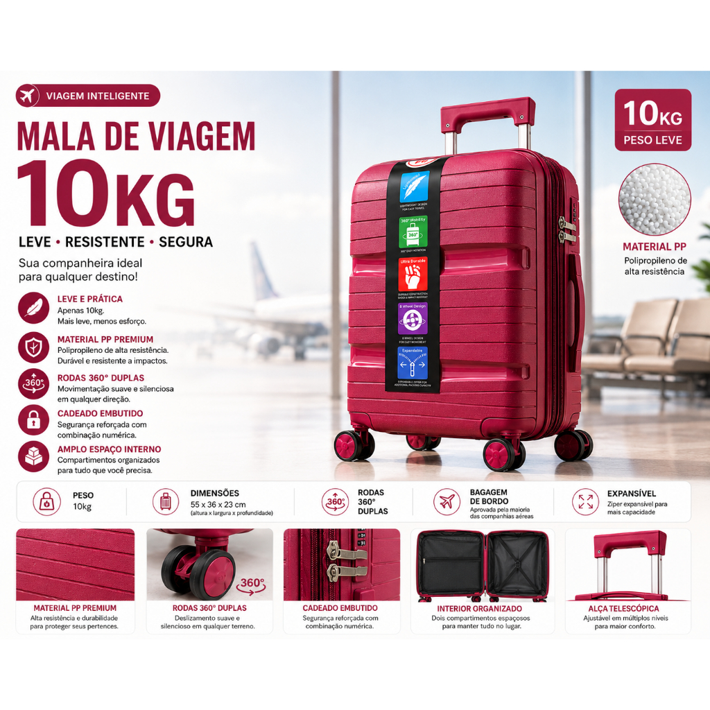 Mala de Bordo 10kg Expansível em Polipropileno com Rodinhas 360° Leve Resistente e Bagagem de Mão para Viagem
