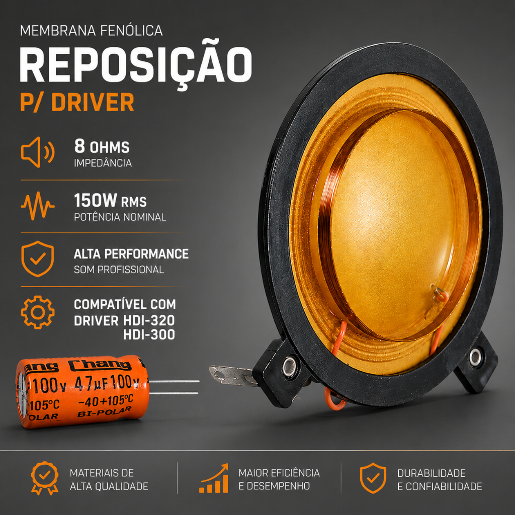 Kit 1 Reparo Para Corneta Hdi 320 Hdi 300 150w Rms 8 Ohms Musicall + 1 Capacitor De Driver Som Automotivo Profissional