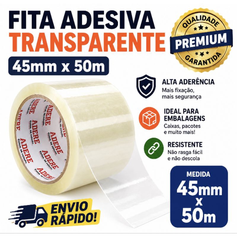 Fita Adesiva Transparente 45mm x 50m Caixa com 40 Rolos Para Embalagem