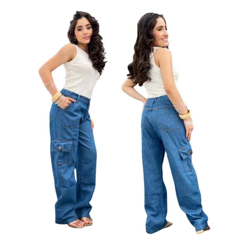 Calça feminina Jeans bolso Cargo Wide Leg infantil juvenil feminina blogueirinha bolsos frontal