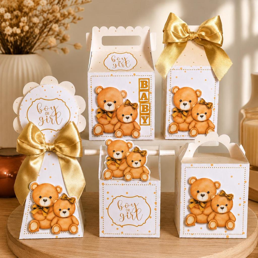 Kit Caixinhas Personalizadas Chá Revelação Boy Or Girl Ursinhos Dourado Luxo - Festa