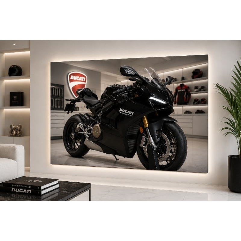 QUADRO DECORATIVO TEMA MOTO DUCATI ESPORTIVA PRETA.