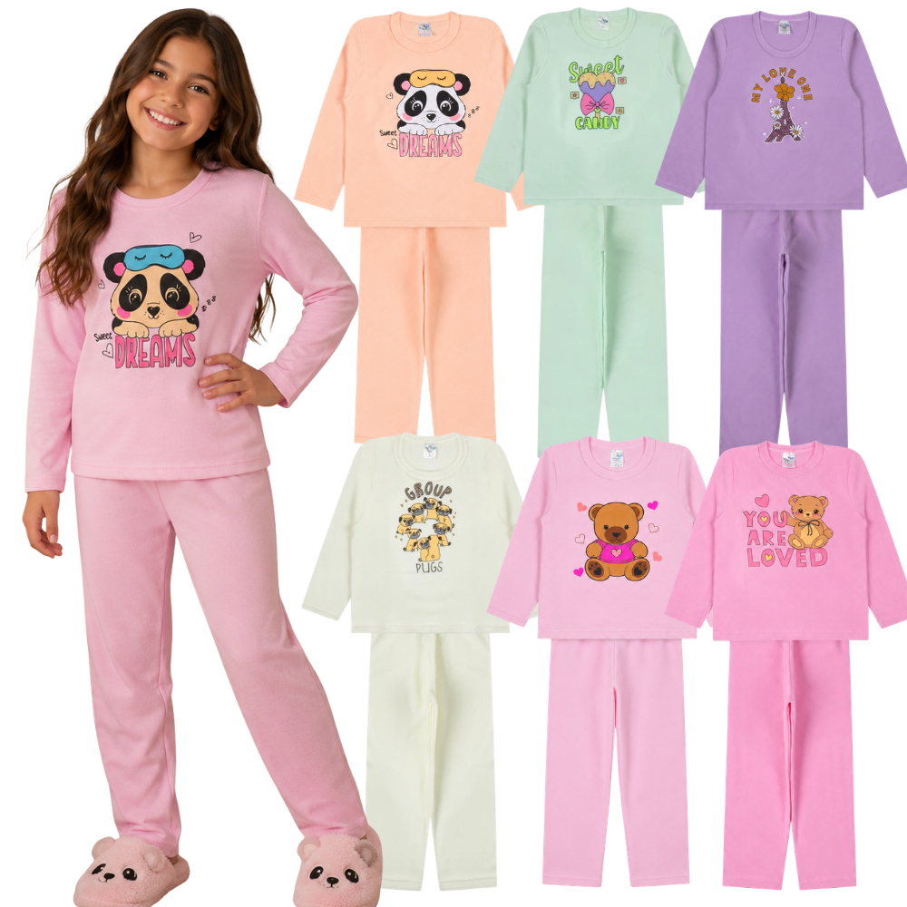 Conjunto Pijama Infantil Moletom Juvenil Quente Peluciado Comprido Inverno Menina Conforto