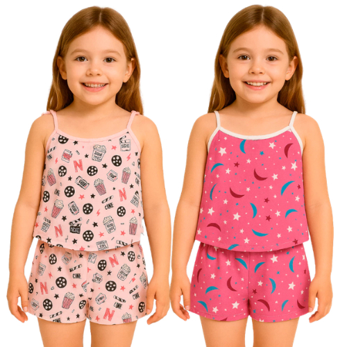 Kit 2 Conjuntos Pijama Baby Doll Menina Estampado com Shortinho e Regata Confortavel