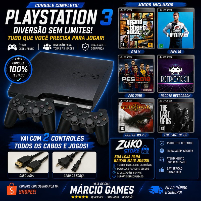 Ps3 Slim Desbloqueado 500 Gigas 2 Controles  + Jogos + Cabos + de 3 mil Jogos ( Leitor Funcionado )