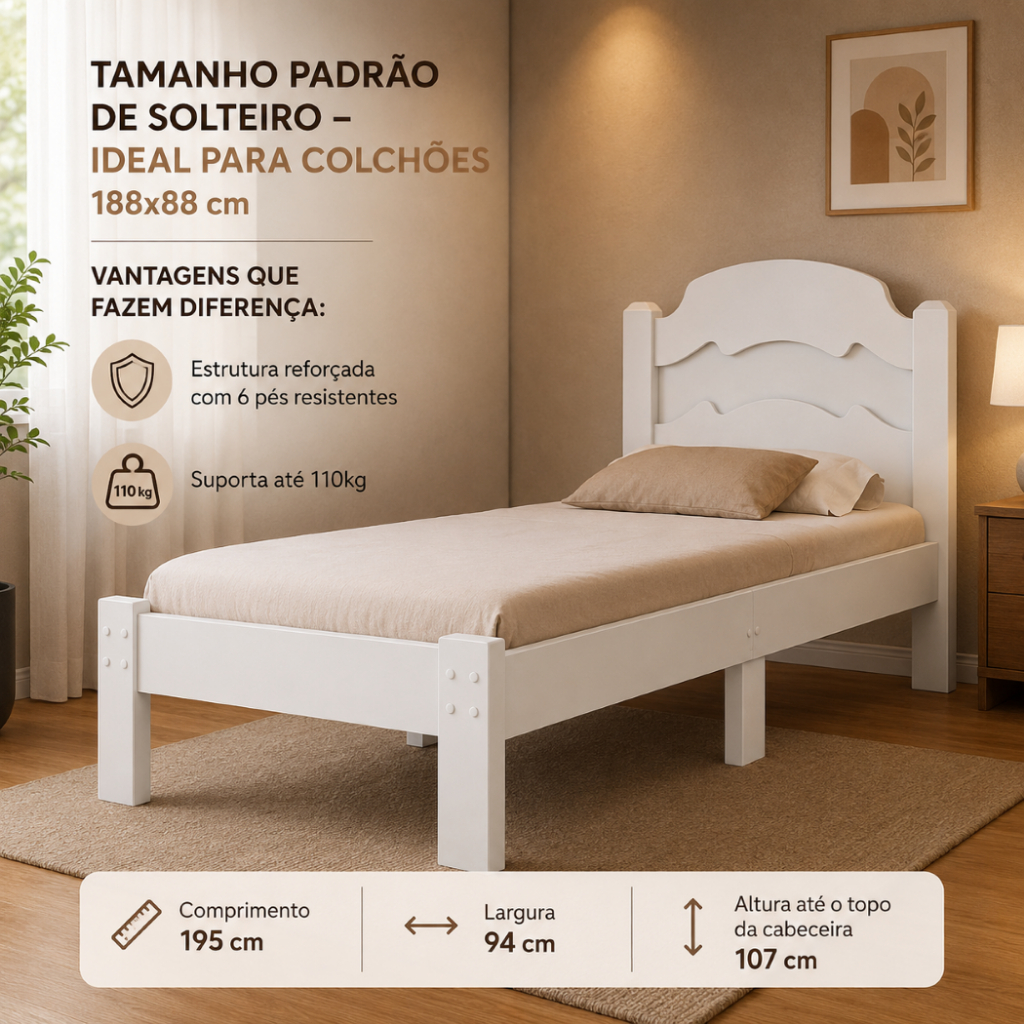 Cama de Solteiro Íris Com 6 Pés Reforçada Madeira MDF  Cama Solteiro Padrão …