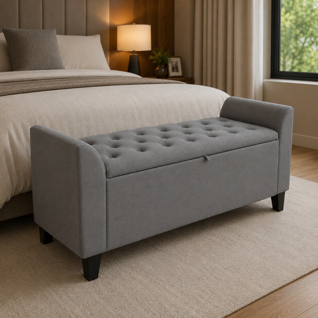Baú Recamier Divã Paris Capitonê 120cm Para Cama Casal Tecido Suede Estrutura em Madeira