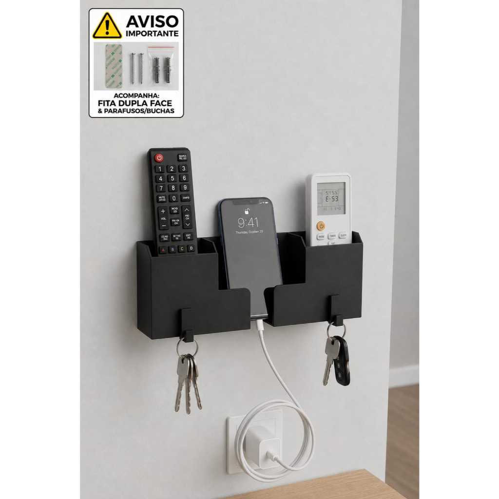 Suporte Organizador de Parede 3 em 1 para Controle, Celular e Chaves (Com Fita Dupla Face e Parafusos).