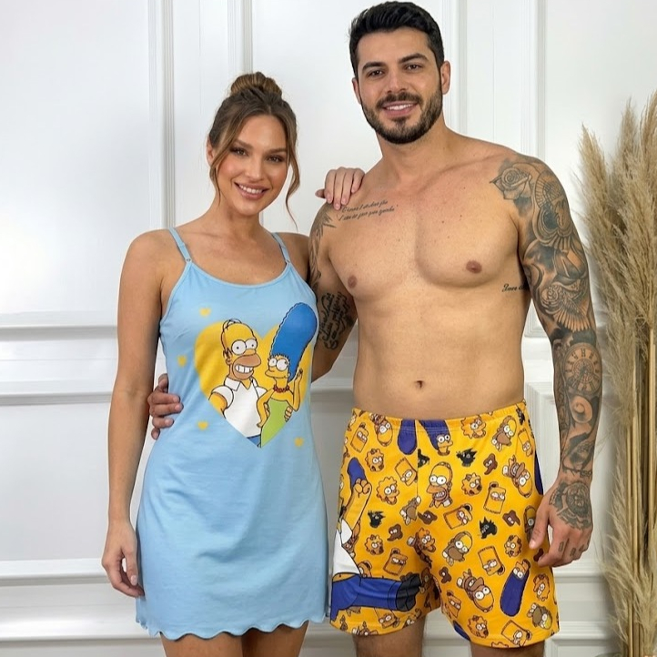 Pijama Casal Camisola Vestido + Samba Canção Moda Masculina e Feminina Conforto e Estilo Para Dormir