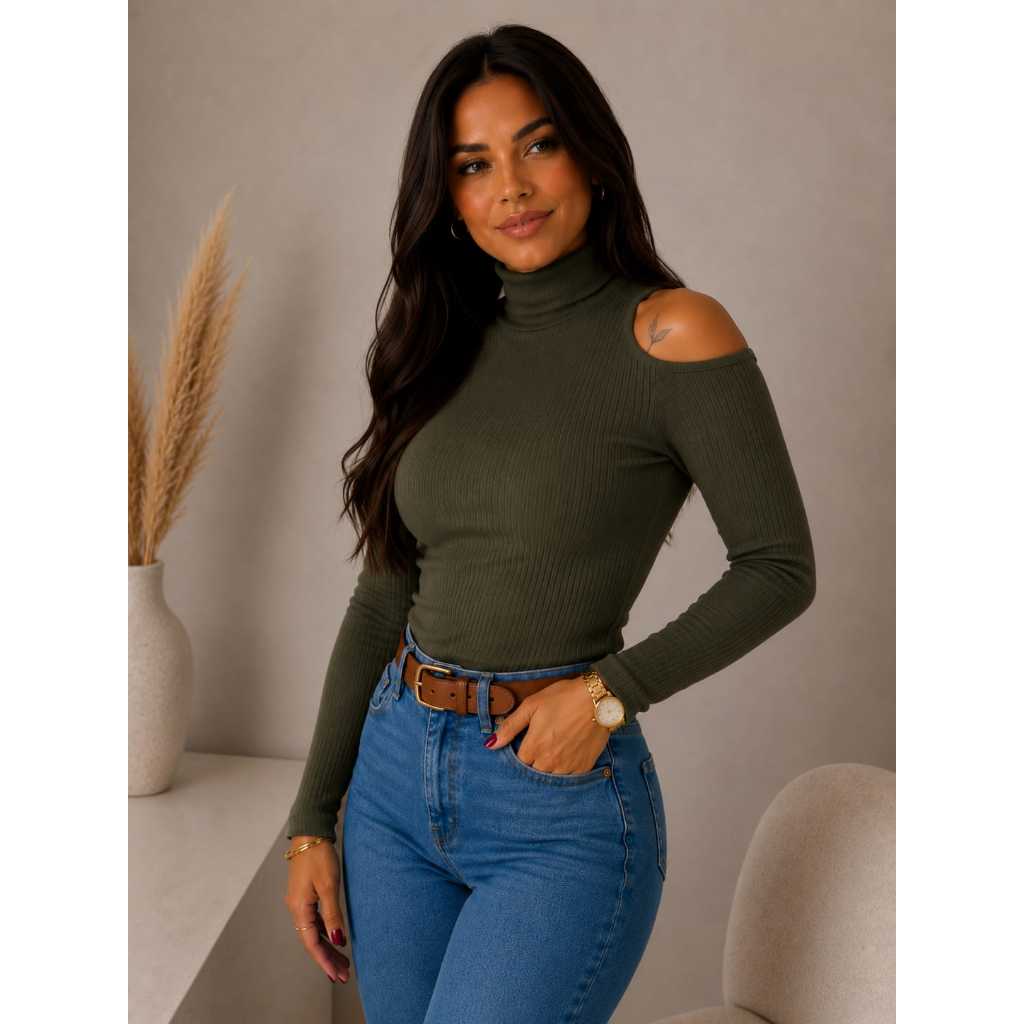 Blusa Canelada Feminina Decote Ombro Manga Longa Blusinha Casual Decote Ombro  Vazado