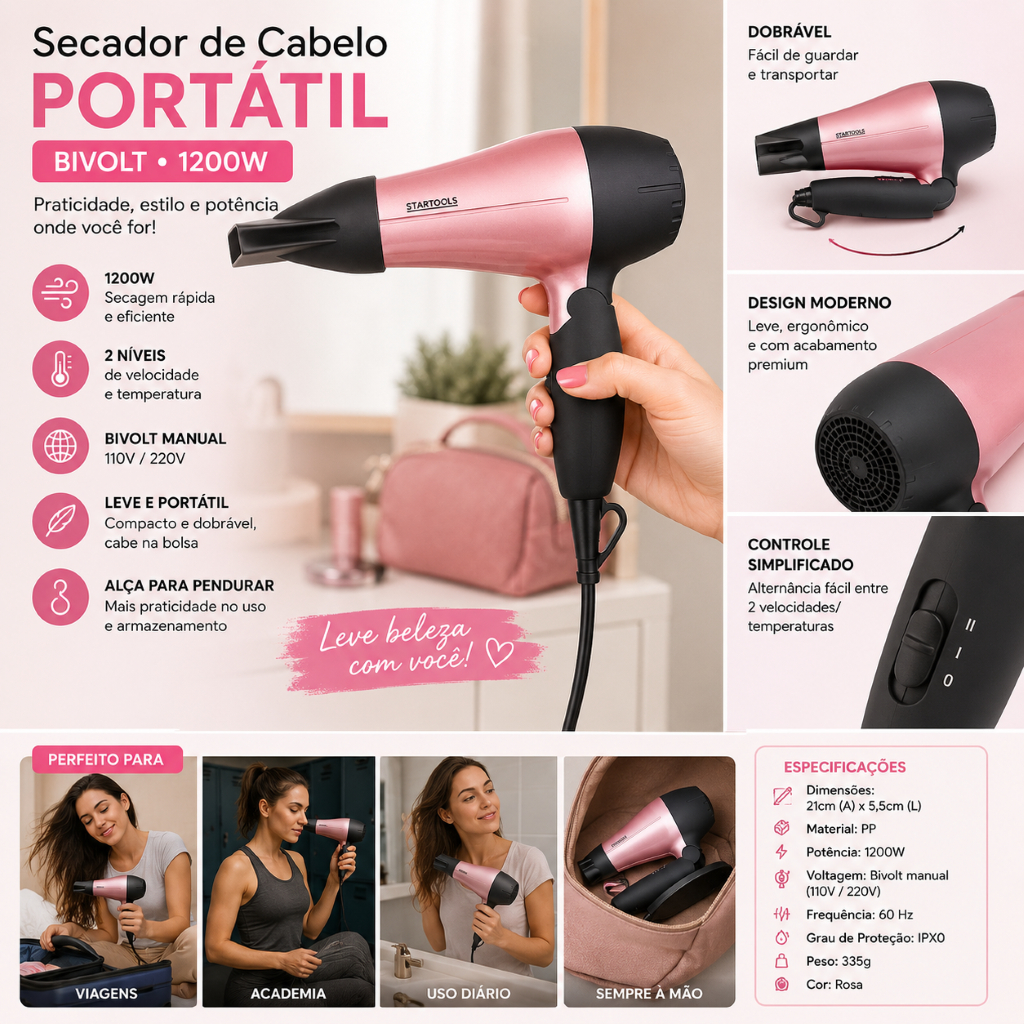 Secador Compacto Portatil 1200w Bivolt Rosa Leve Rapido Profissional
