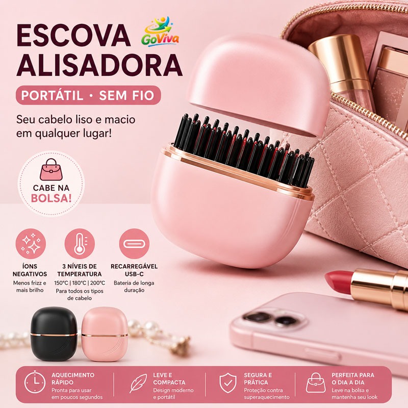 Escova Alisadora de Cabelo Sem Fio Portátil Recarregável Íons Negativos Anti Frizz