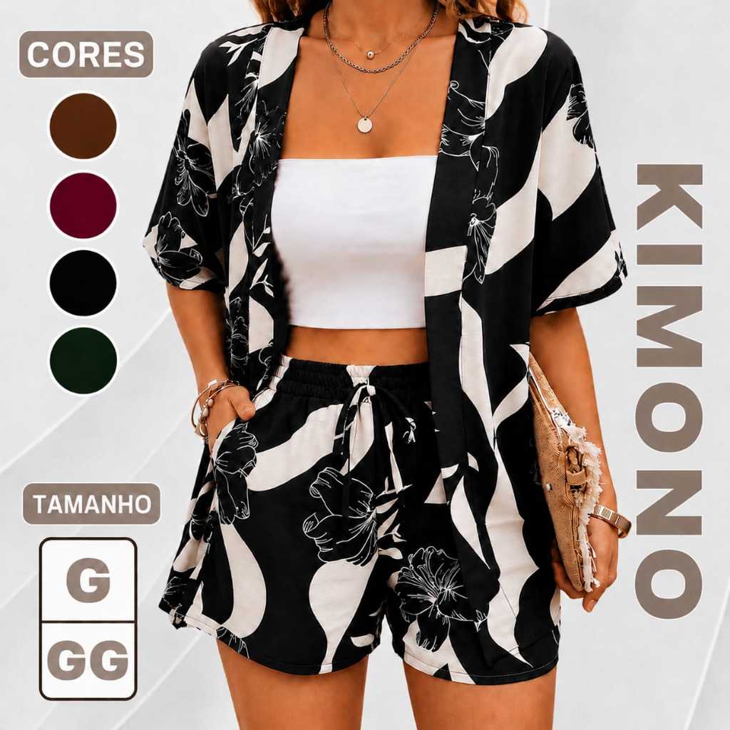 Conjunto Feminino Kimono e Short Estampado em Tecido Duna Moda Casual Elegante