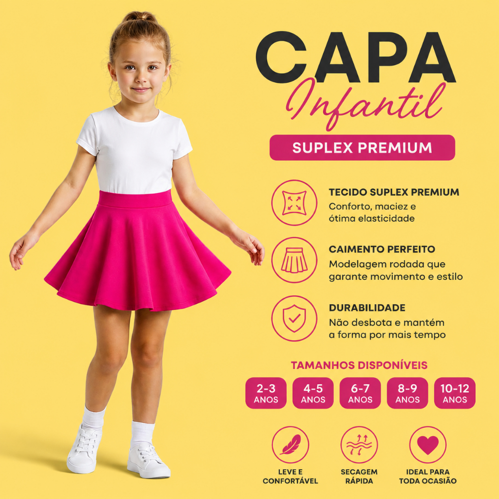 Saia Curta Infantil Feminina Rodada com Elastico na Cintura Barinha Frufru Em Suplex Premium