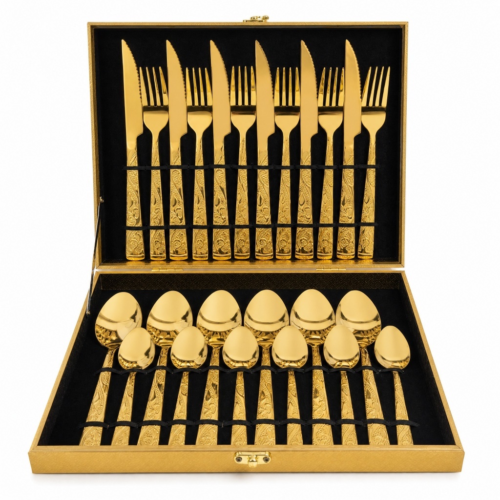 Faqueiro Talheres Inox Banho Ouro 24 Peças, Conjunto Dourado Prata Gravado Caixa Madeira Presente