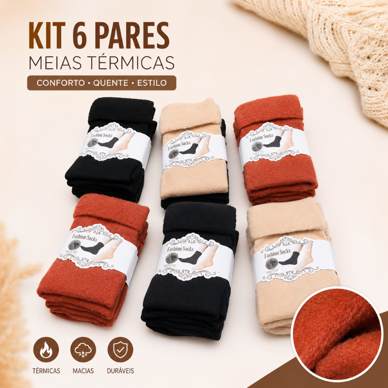 Kit 6 Pares de Meia  Feminina Termica Peluciada Tecido Macio Leve Confortavel Frio Neve Flexivel Cores