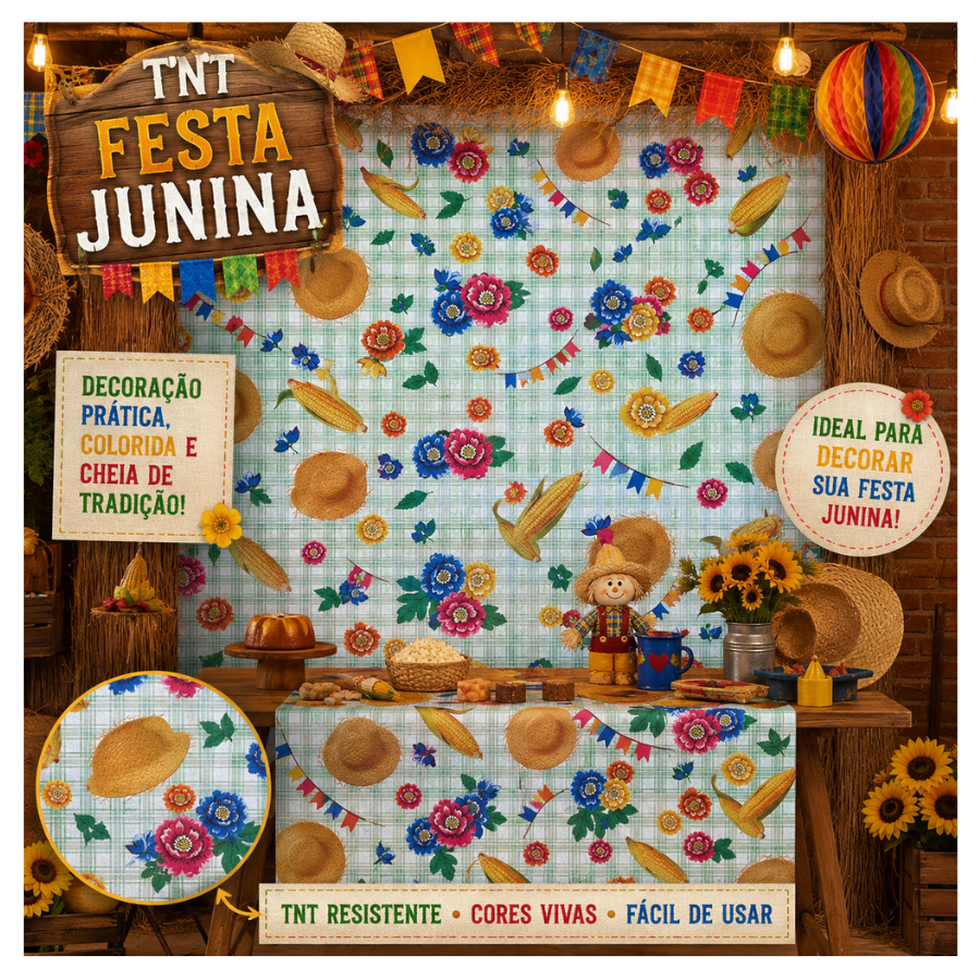 TNT Festa Junina Estampado Chapéu Palha Milho Flores Toalha Mesa Painel Junino - Escolha a Metragem
