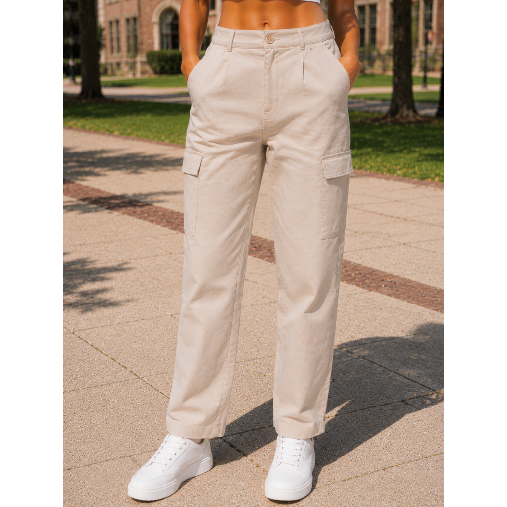 Calça Cargo Feminina Bege Premium em Linho e Viscose Elegante Casual