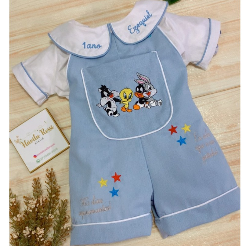 Jardineira loneytunes/ jardineira personalizada baby looneytunes/ jardineira para menino/ macacai baby looney tunes