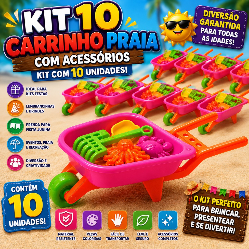 Kit 10 Mini Carrinho Mão Infantil C/5 Acessórios Brinquedo Areia Festa Junina Lembrancinha Unisex