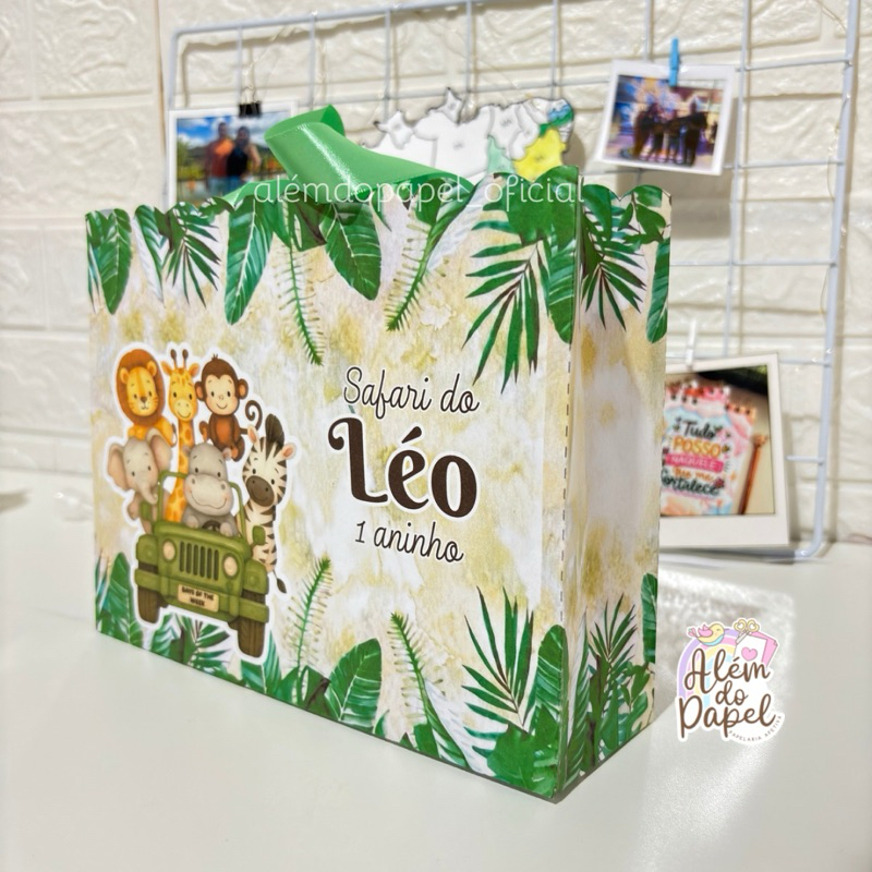 Sacolinha Safari Personalizada Festa Infantil – Já Montada com Alça de Cetim – Lembrancinha Luxo Aniversário