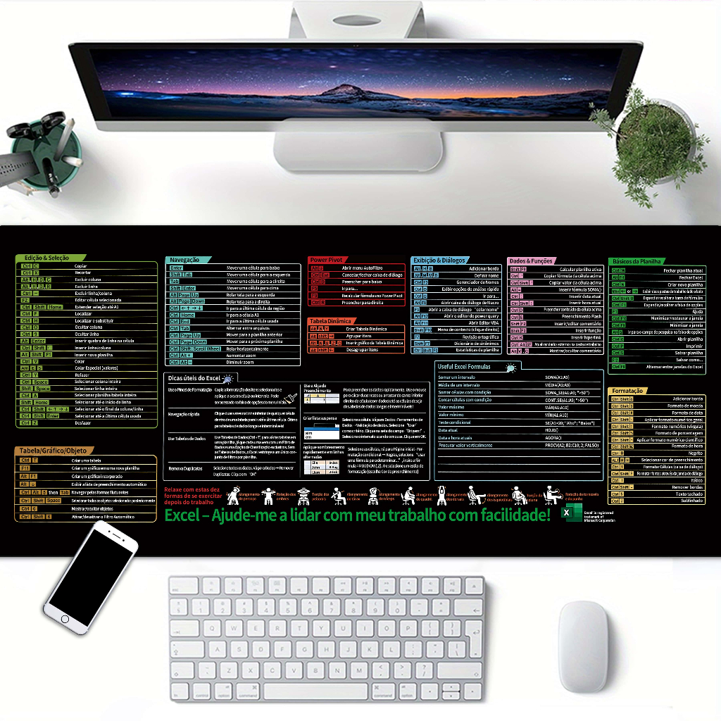 Mousepad Grande Gamer Programação Atalhos Excel 90x40cm Escritório Alta Qualidade Preto