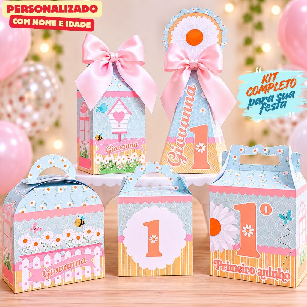 Kit Caixas JARDIM DAS MARGARIDAS / Caixinhas Personalizadas + Brinde / Lembrancinha Festa Infantil