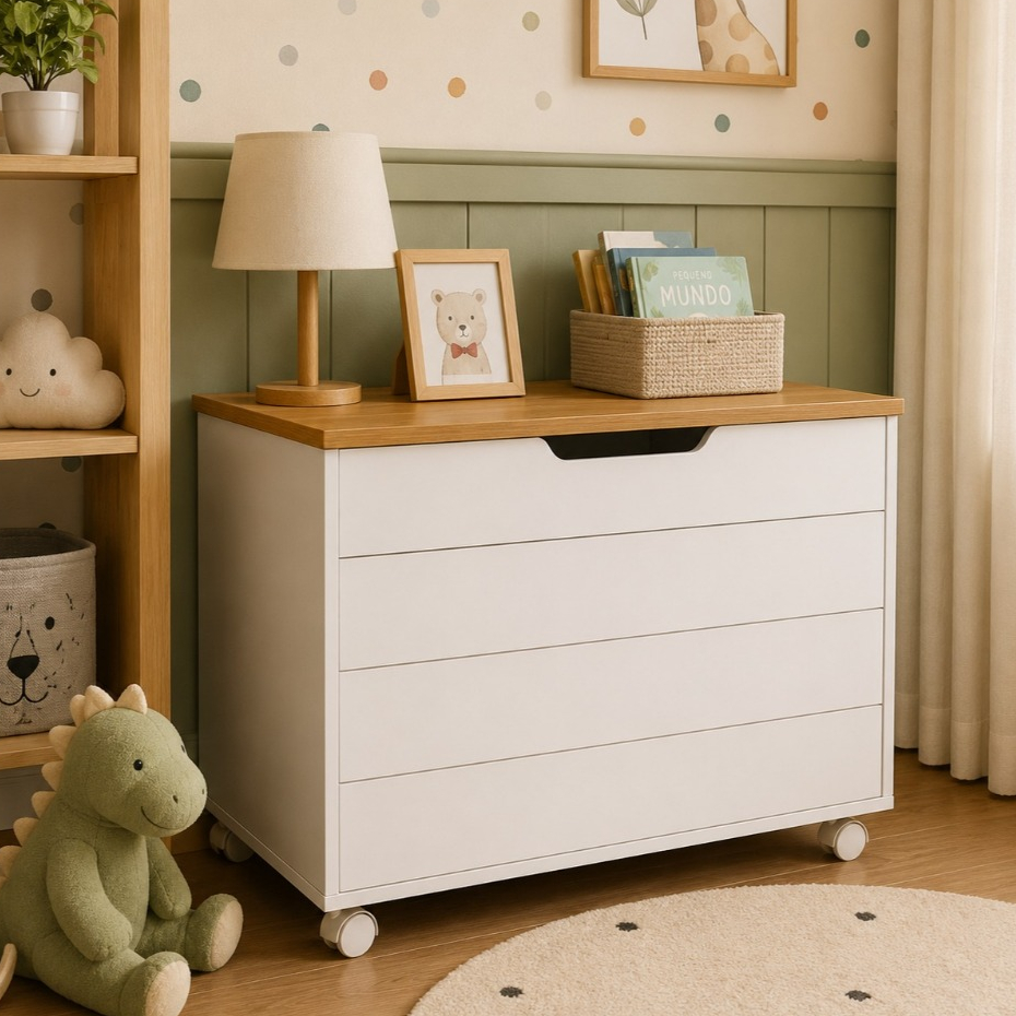 Baú Organizador de Brinquedos Branco Soft Freijó Toy com Cantos Arredondados para Quarto Matic