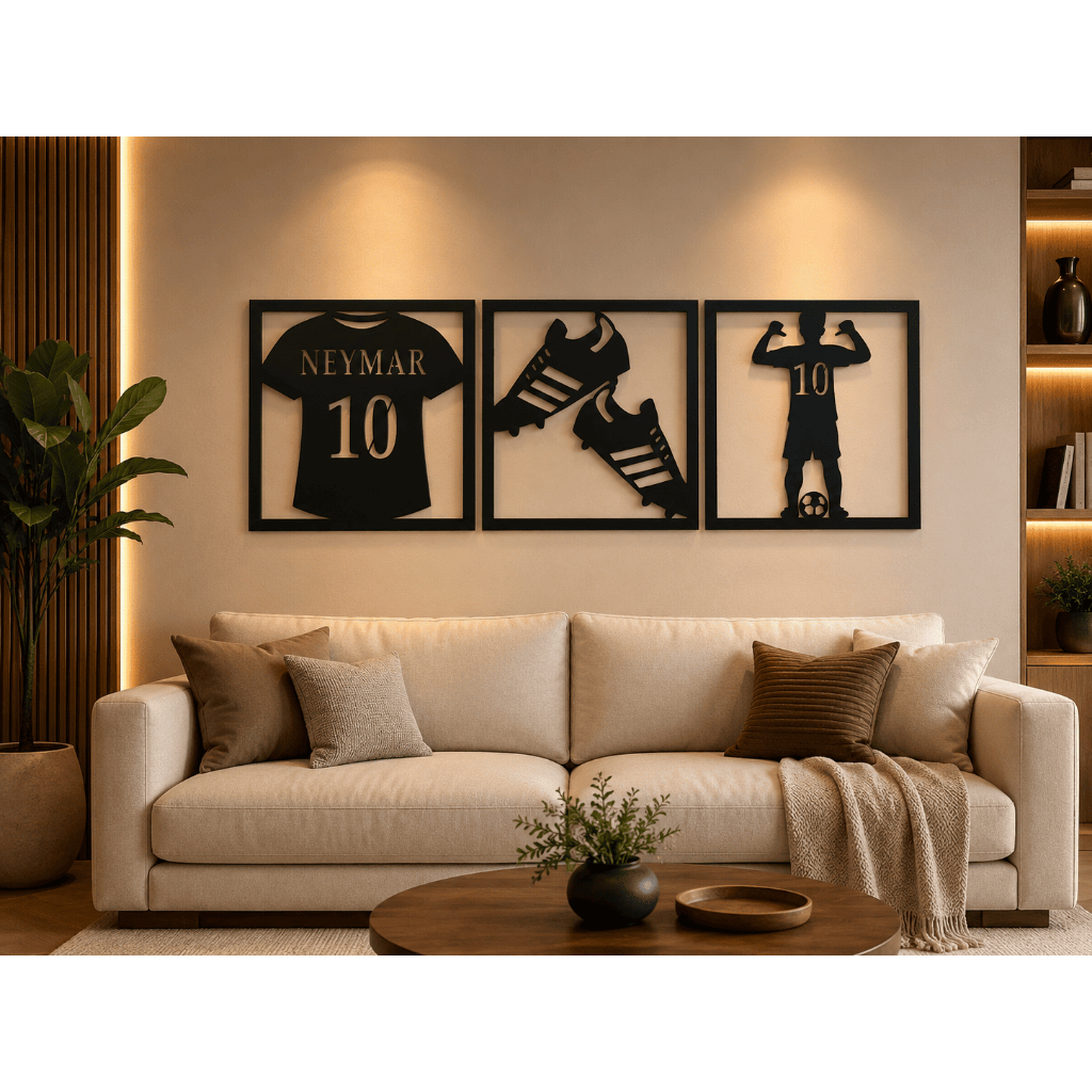 Quadros Decorativos Futebol Kit 3 Peças Camisa 10 MDF 3mm Parede Quarto Menino Gamer Esporte Bola Decoração Casa