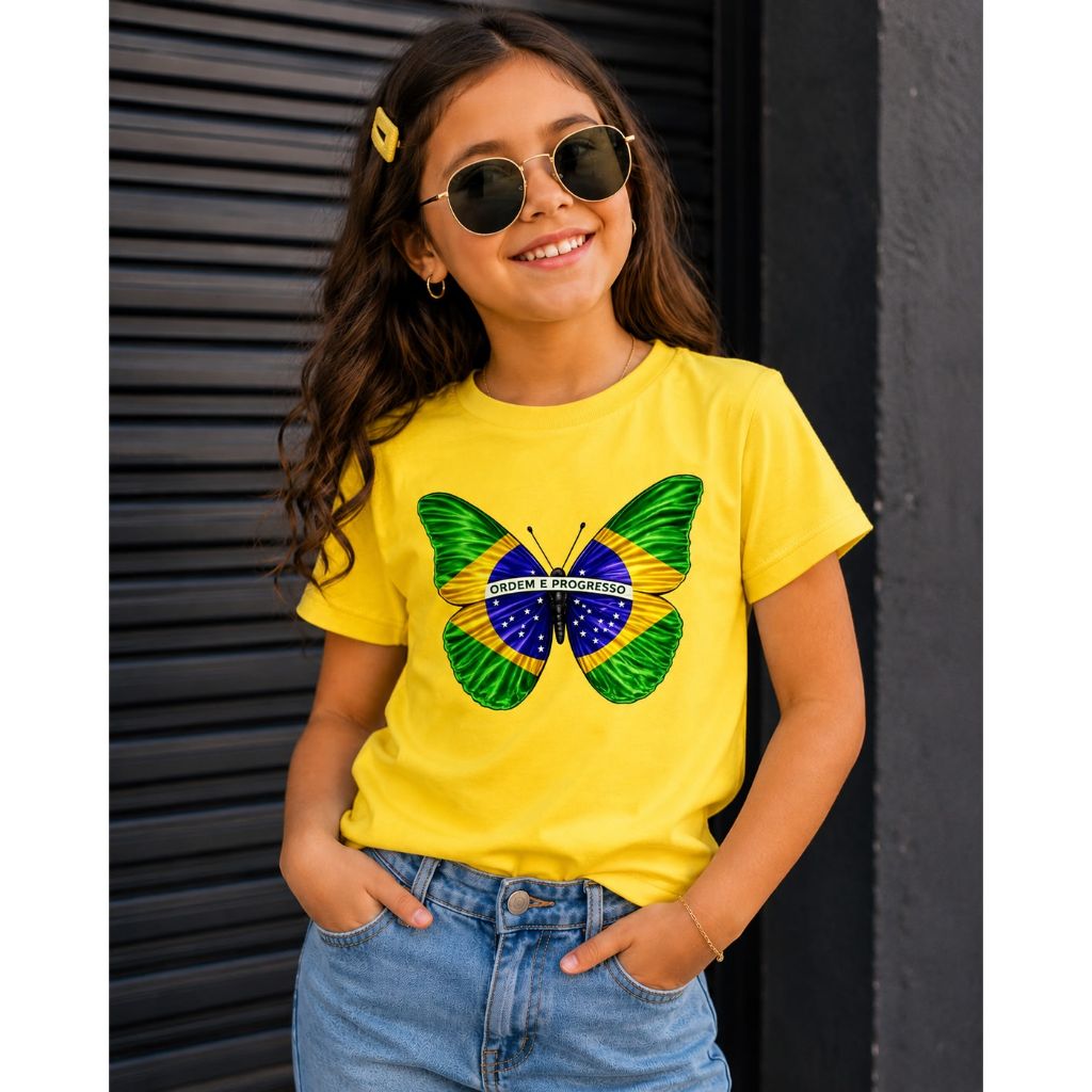 Camiseta Infantil Feminina 100% Algodão Brasil Copa Borboleta Confortável Leve Estilosa.