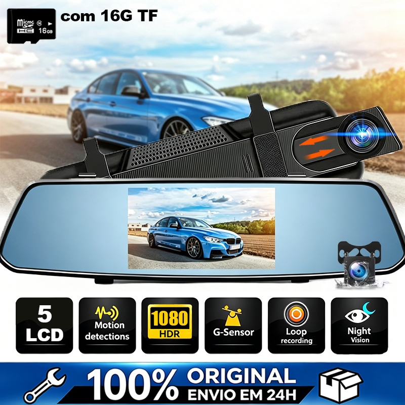 Câmera Espelho 5 polegada Retrovisor Dash Cam para Frente e Trás Ré/Frontal 1080p Infravermelho