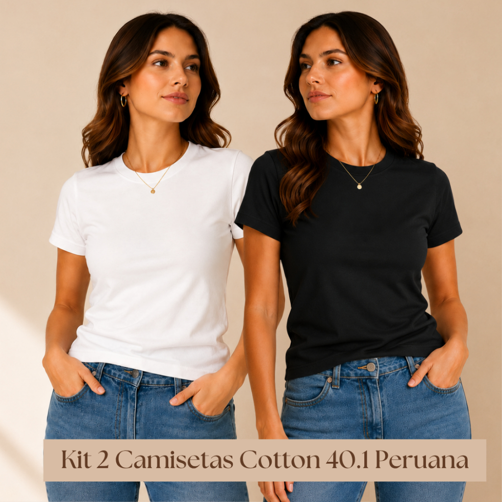 Kit 2 T-shirt Lisa Peruana 40.1 Cotton Elastano Feminina Baby Look Tee Camisa Blusinha