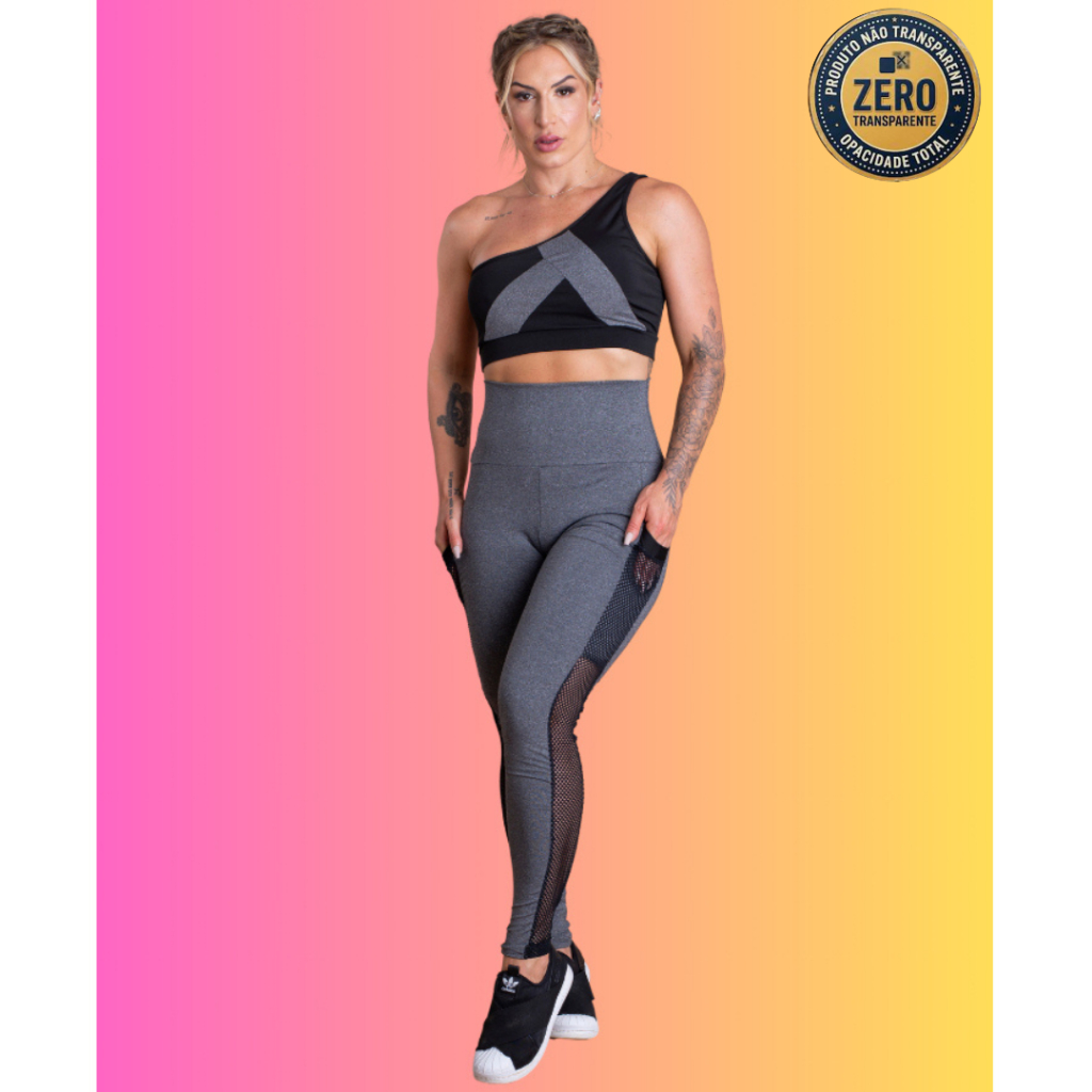 Conjunto Fitness Feminino Calça Legging Cintura Alta Com Bolso Lateral E Top Faixa Ombro Só Academia ZERO TRANSPARÊNCIA