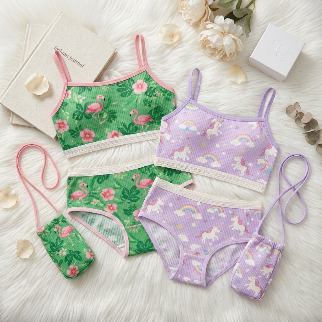 Kit 2 Conjunto Infantil Feminino Canelado com Bolsinha 6 a 12 Anos Top e Calcinha Confortáveis