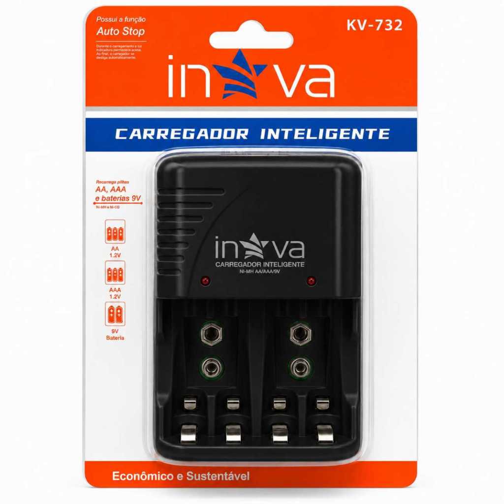 Carregador de Pilhas AA AAA e Bateria 9v Rapido Led Inteligente Inova Preto  4 Pilhas ao Mesmo Tempo