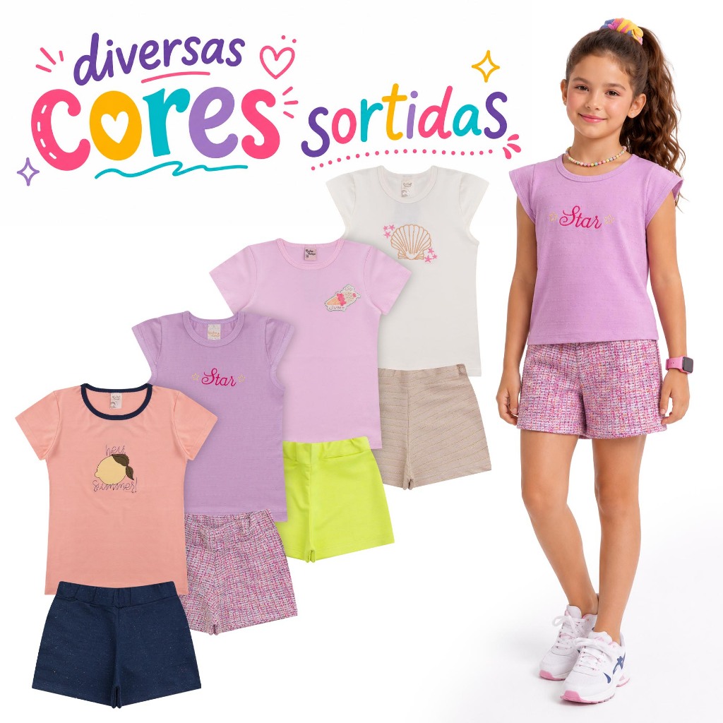 Conjunto Menina Shorts e Blusa Bebê Infantil Juvenil Sortido Verão Kit 2 ao 4