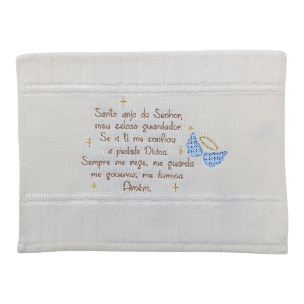 Toalhinha Bordada com Oração Santo Anjo cor Marfim e Asas Azuis