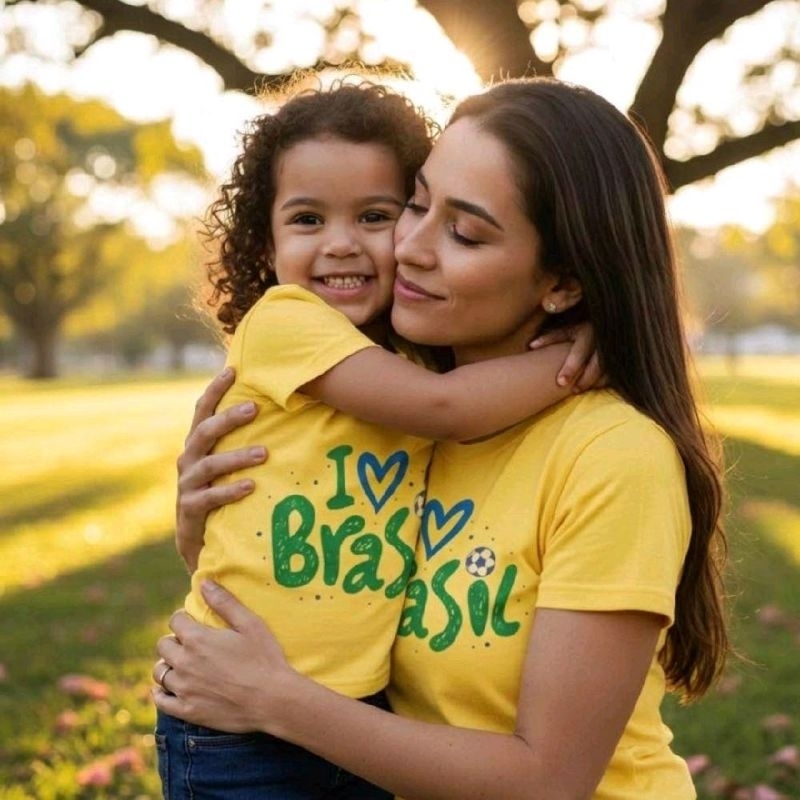 Kit 2 camiseta mãe e filha(o) Amarela com estampa I Love Brasil para fãs