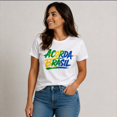 Camisa Básica Feminina Algodão Premium Estampa Brasil Casual Confortável Manga Curta