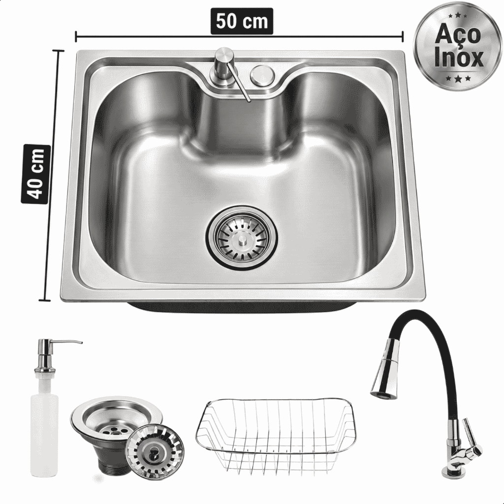 Cuba Pia de Cozinha em Inox Escovada 50x40 Kit Cuba com Torneira para Pia de Cozinha e Acessórios