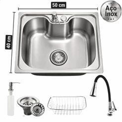 Cuba Pia de Cozinha em Inox Escovada 50x40 Kit Cuba com Torneira para Pia de Cozinha e Acessórios