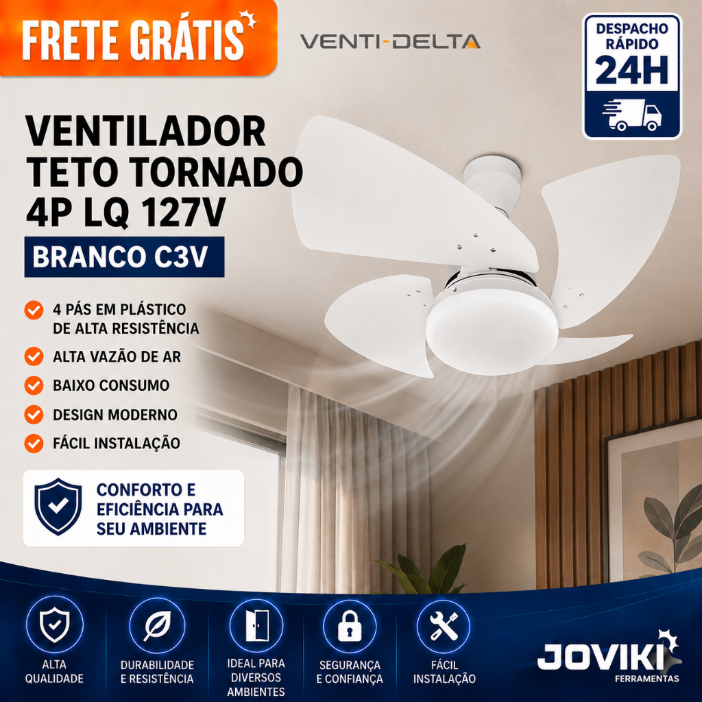 VENTILADOR TETO TORNADO 4 PÁS 127V BRANCO VENTI DELTA