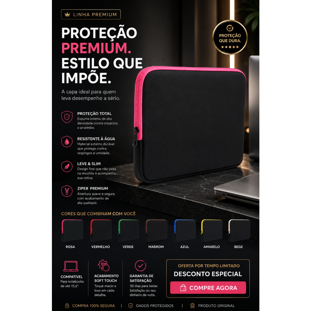 Capa Premium para Notebook  | Sleeve Soft Touch Antichoque e Impermeável