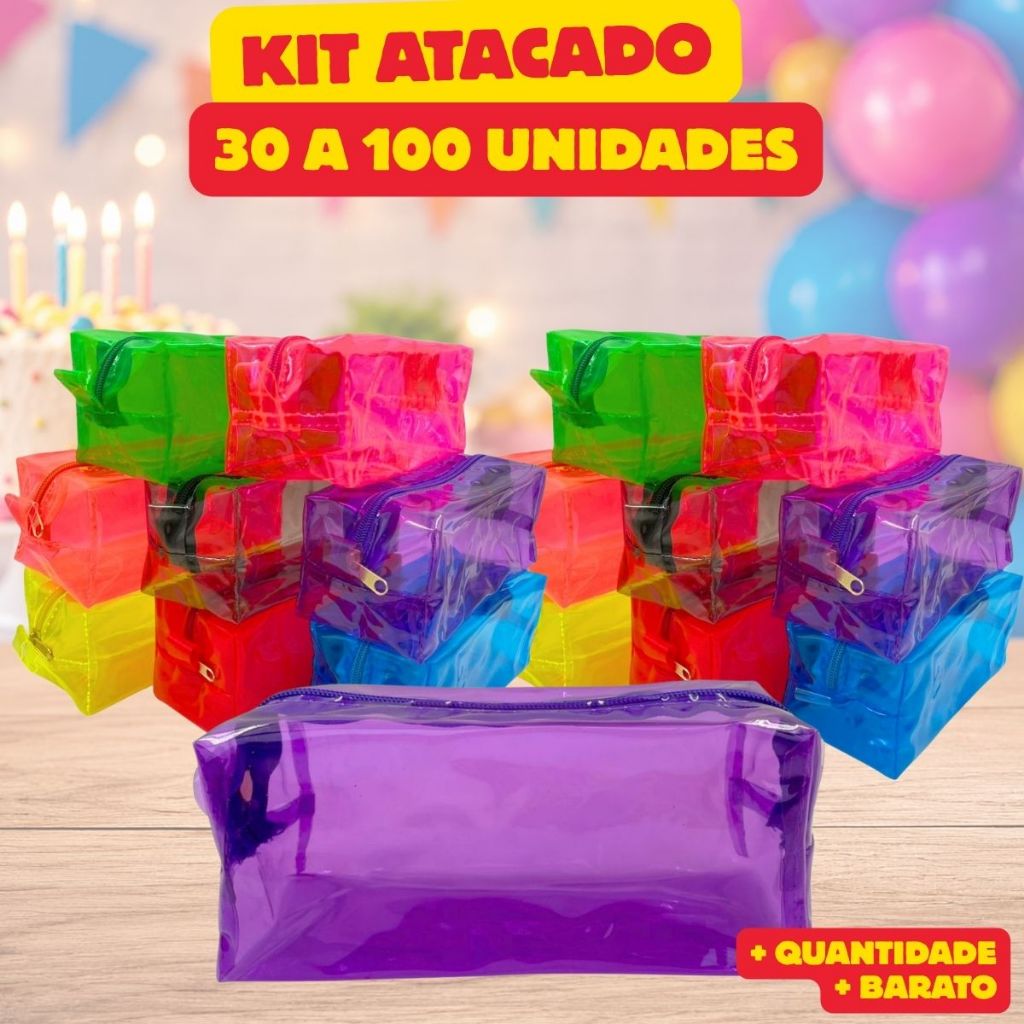 KIT 30 a 100 Necessaire Transparente Estojo Organizadora lembrancinha para Festa Aniversário