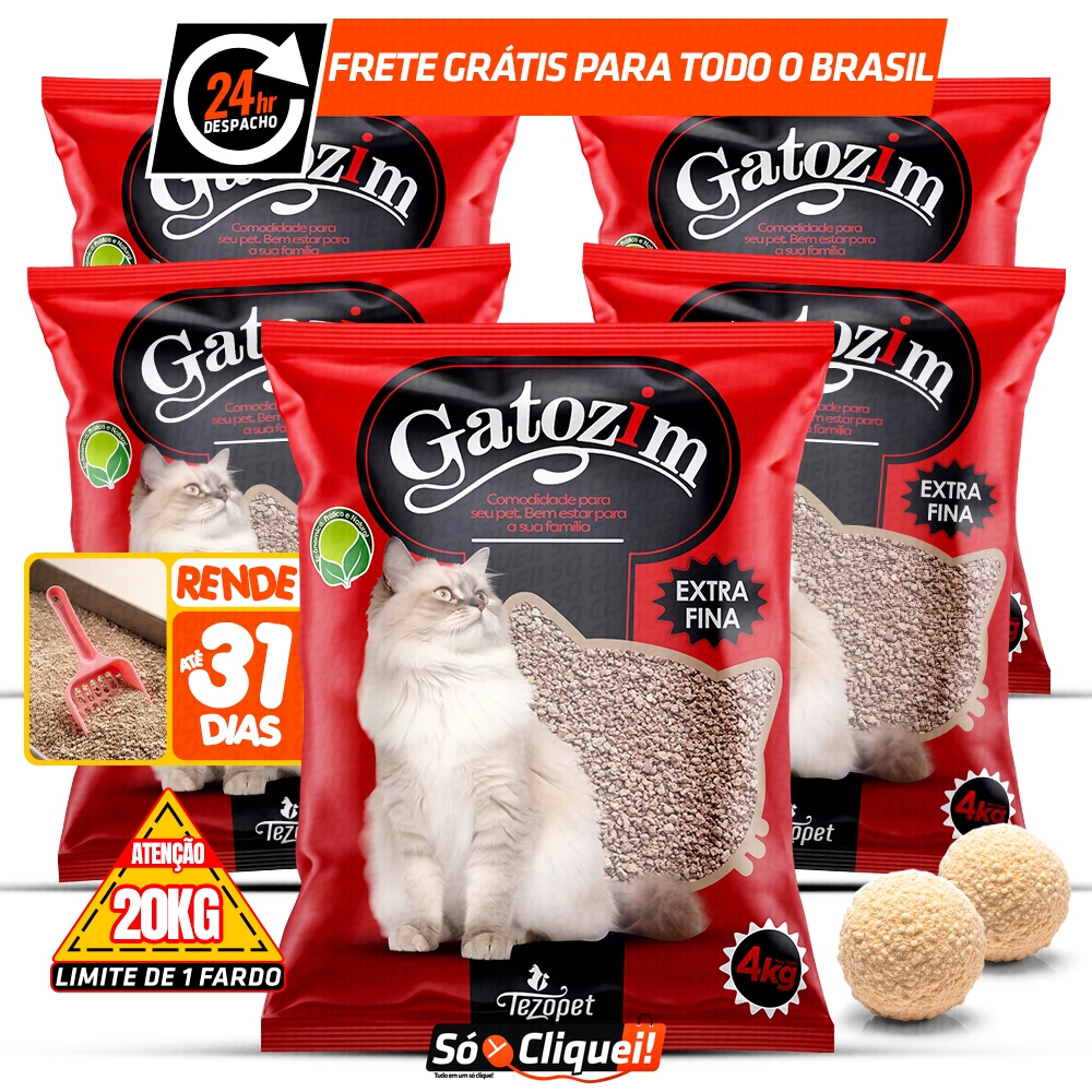 Kit 5 Pacotes Areia de Gato Gatozim Extra Fina Fardo 20KG Granulado Forma Torrões Firmes Controla Odores
