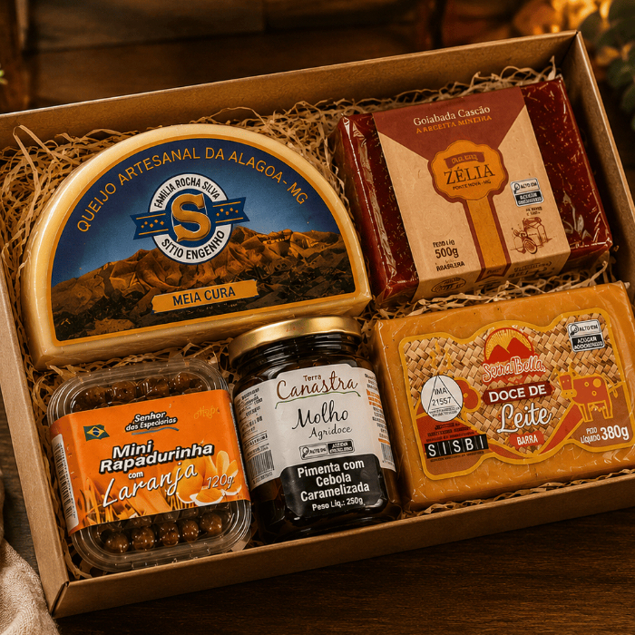 Kit Mineiro Presente Queijo Alagoa Meia Cura Goiabada Cascão Doce de Leite Rapadura Molho de Pimenta